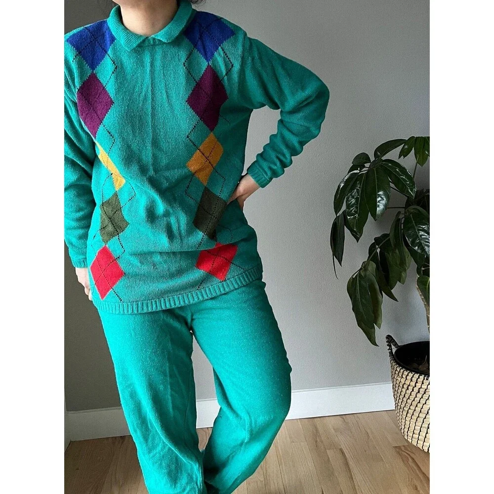 vtg 90s silk wool green knit sweater set‎ argyle print retro loungewear small